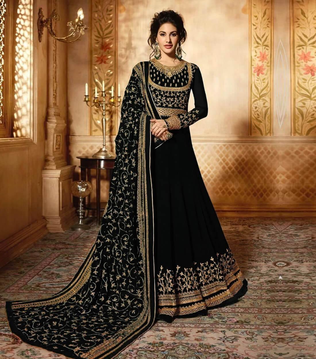 Black Georgette Semi Stitched Suit Designer mart