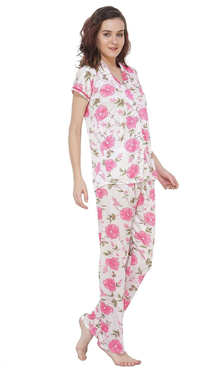 Printed Pink Satin Night Suit Set for Women