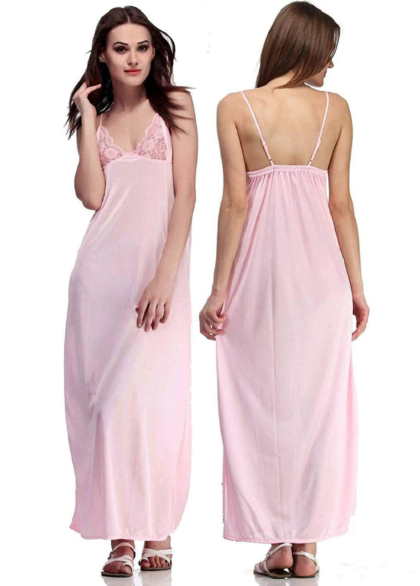 Light Pink/Wine Colour Abstract Satin Nighty. Smooth Satin, Laces and  Frills