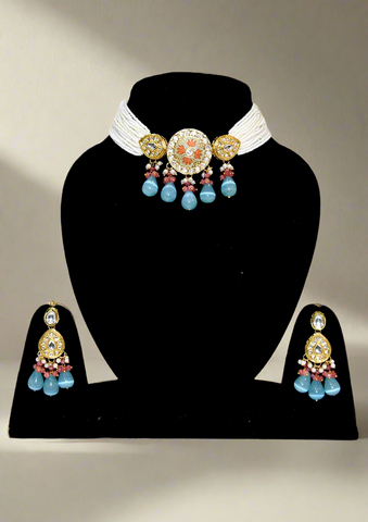 White blue Meenakari kundan Pearl Necklace set