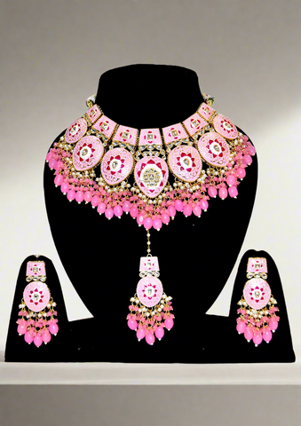 Pink Meenakari Alloy And Bead Necklace set