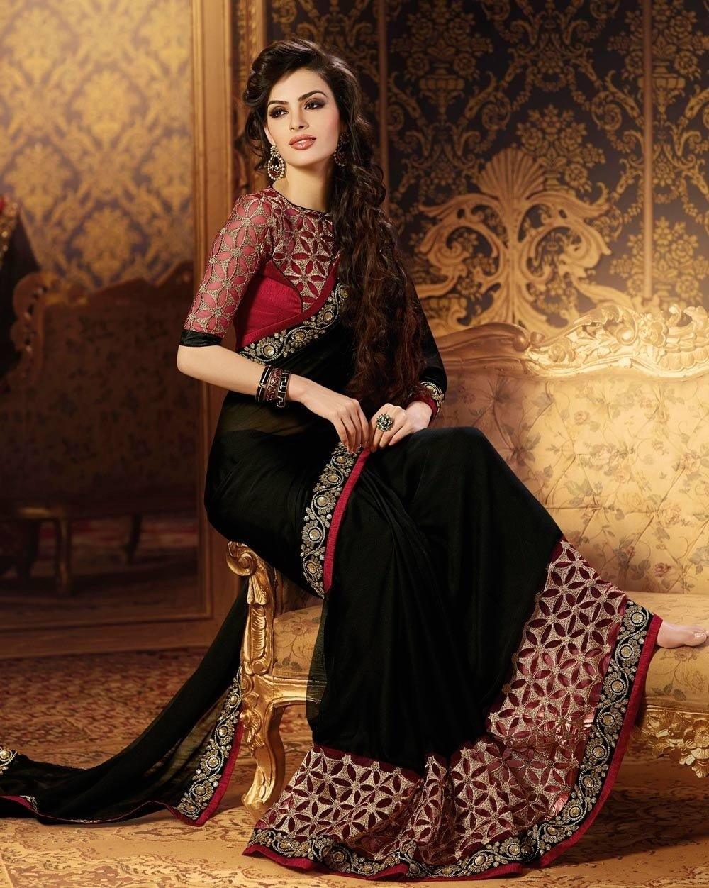 Buy Black and Pink Georgette Embroidered Saree with blouse at Amazon.in