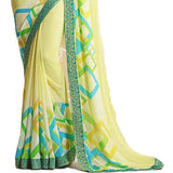 Yellow Square Printed Georgette Saree - Designer mart